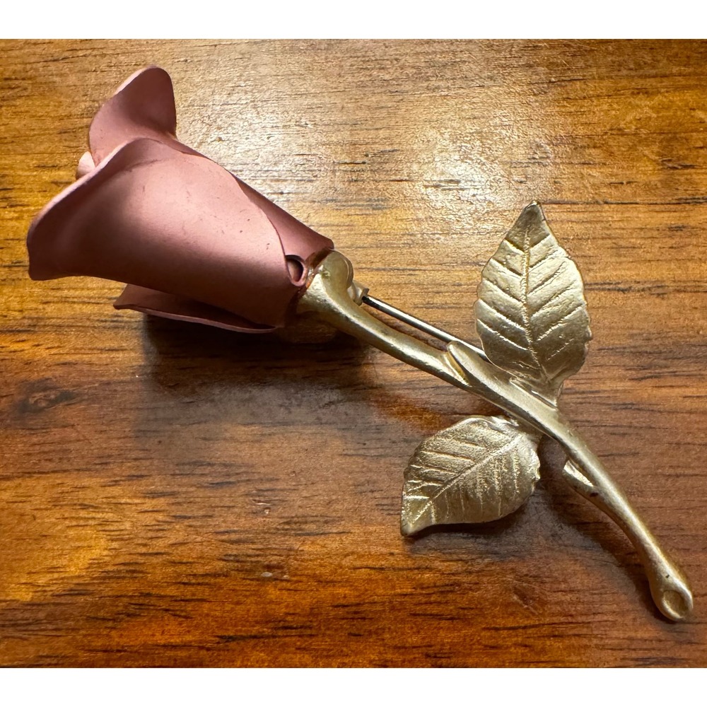 Vintage Avon Pink Rose Flower Brooch Silver Tone Stem Pin 2.75 Inch Signed